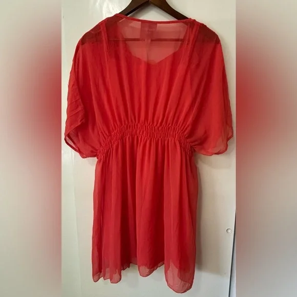 Rome & Juliet| NEW Orange/Red Chiffon Butterfly Sleeve Deep-V Dress Sz M w/Tags - Picture 7 of 7